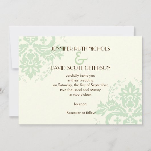Elegante damast mint groen, ivoren bruiloft kaart (Voorkant)