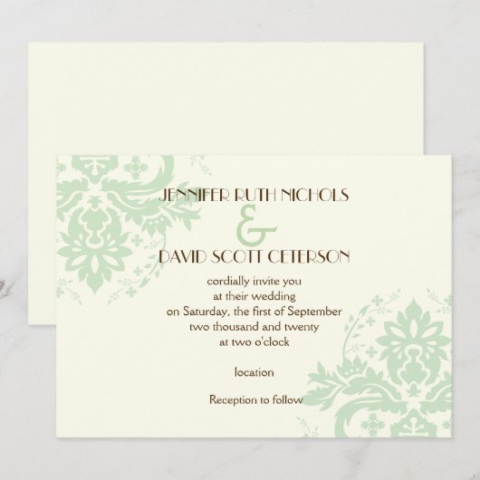 Elegante damast mint groen, ivoren bruiloft kaart (Voorkant / Achterkant)