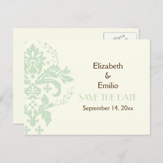Elegante damast mint ivoor bruiloft Save the Date Aankondigingskaart (Voorkant / Achterkant)