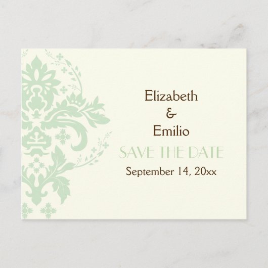 Elegante damast mint ivoor bruiloft Save the Date Aankondigingskaart (Voorkant)