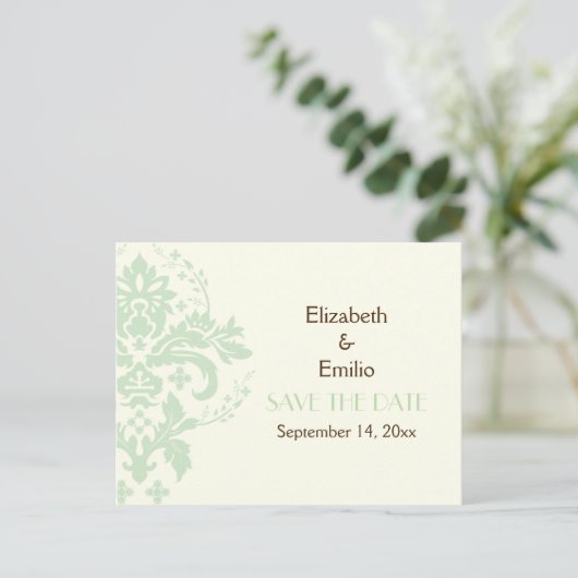 Elegante damast mint ivoor bruiloft Save the Date Aankondigingskaart (Staand voorkant)
