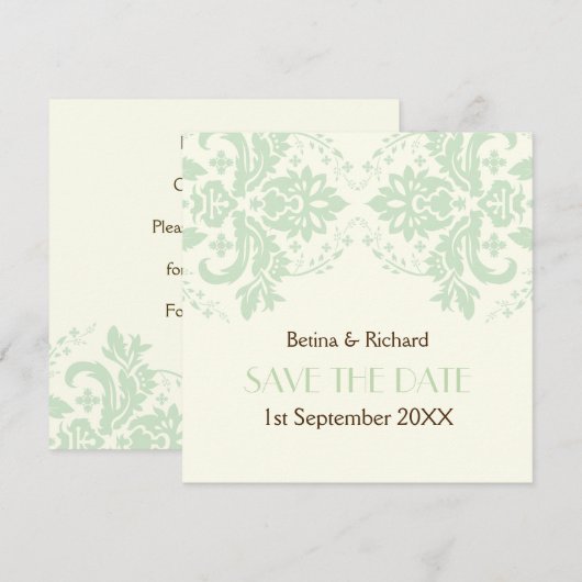Elegante damast mint ivoor bruiloft Save the Date Kaart (Voorkant / Achterkant)
