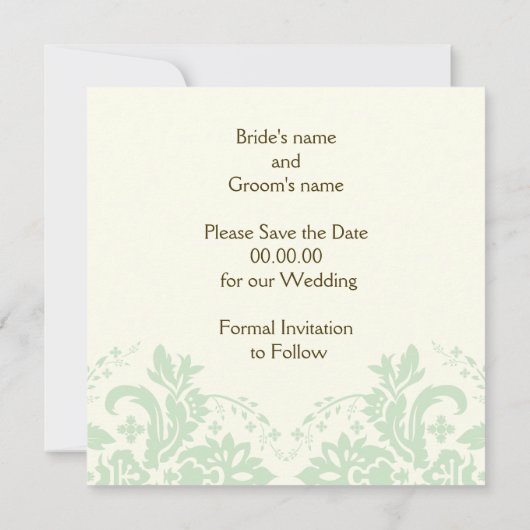 Elegante damast mint ivoor bruiloft Save the Date Kaart (Achterkant)