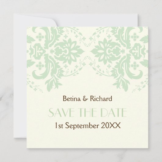 Elegante damast mint ivoor bruiloft Save the Date Kaart (Voorkant)