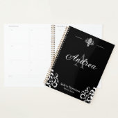 Elegante Damast Monogram Zwarte en Witte Kantoor Planner (Display)