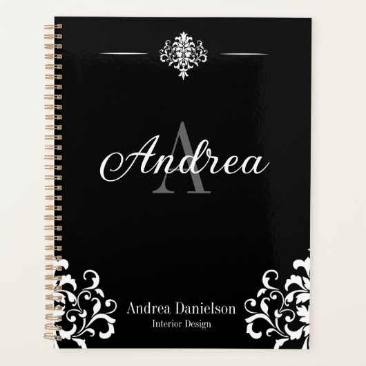 Elegante Damast Monogram Zwarte en Witte Kantoor Planner (Voorkant)