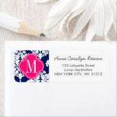 Elegante Damast Navy & Roze Custom Monogrammed Etiket (Insitu)
