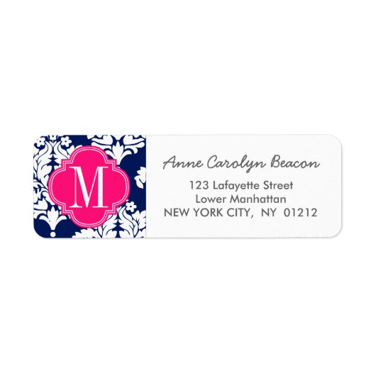 Elegante Damast Navy & Roze Custom Monogrammed Etiket (Voorkant)