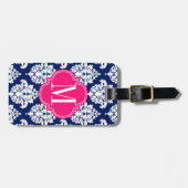 Elegante Damast Navy & Roze Persoonlijke Monogram Bagagelabel (Voorkant horizontaal)