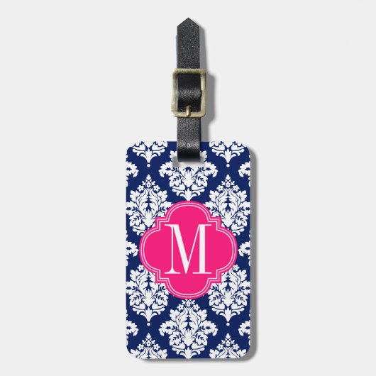 Elegante Damast Navy & Roze Persoonlijke Monogram Bagagelabel (Voorkant verticaal)