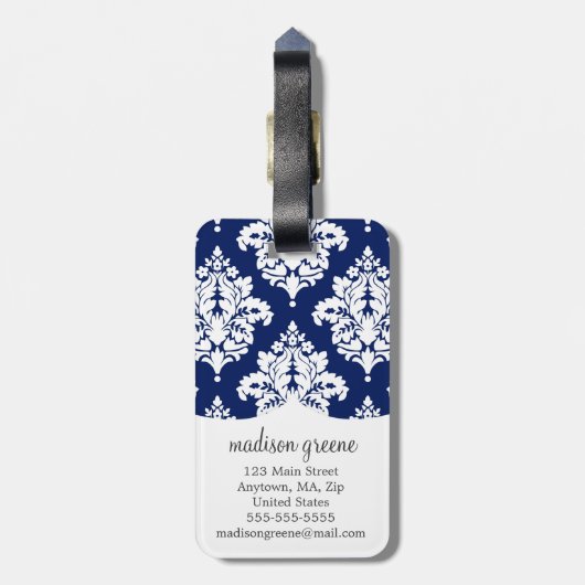 Elegante Damast Navy & Roze Persoonlijke Monogram Bagagelabel (Achterkant verticaal)