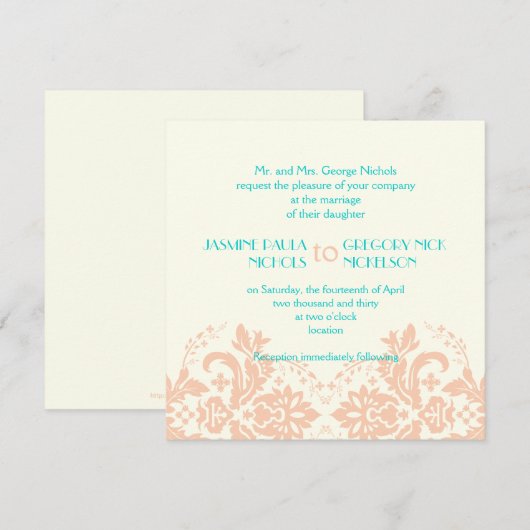 Elegante damast perzik, aqua, ivoren bruiloft kaart (Voorkant / Achterkant)