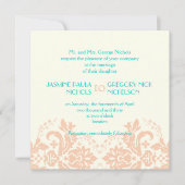 Elegante damast perzik, aqua, ivoren bruiloft kaart (Voorkant)