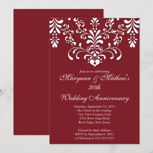 Elegante Damast Rode Uitnodiging voor Huwelijksjub (Voorkant / Achterkant)