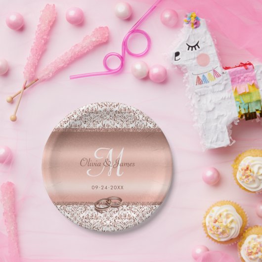 Elegante Damast Roze Gouden Monogram Bruiloft Papieren Bordje (Feest)