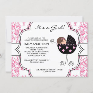 Elegante Damast Roze Zwarte Baby Meisje Shower Kaart