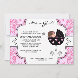 Elegante Damast Roze Zwarte Baby Meisje Shower Kaart