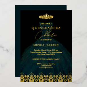 Elegante Damast Tiara Smaragd Goud Quinceanera Folie Uitnodiging