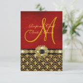 Elegante damast zwart rood goud RSVP kaartje (Staand voorkant)