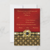 Elegante damast zwart rood goud RSVP kaartje (Achterkant)