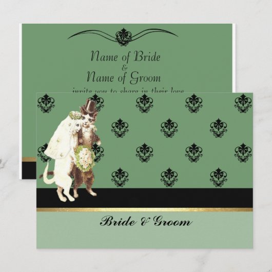 Elegante Damastgroene Katten Trouwset Uitnodiging (Voorkant / Achterkant)