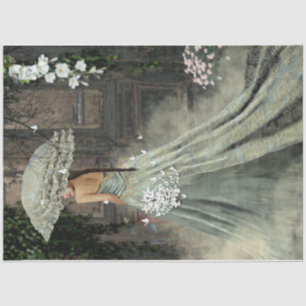 Elegante dame Groene jurk Parasol Oude deur Bloem Tissuepapier