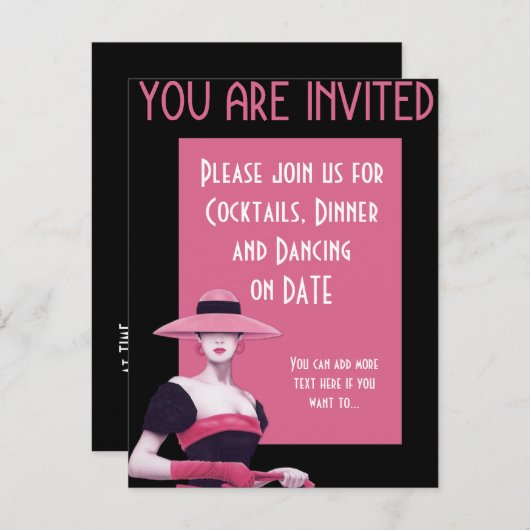 Elegante dame in een roze hoed/Handschoenen uitnod Uitnodiging Briefkaart (Voorkant / Achterkant)