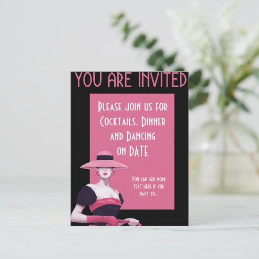 Elegante dame in een roze hoed/Handschoenen uitnod Uitnodiging Briefkaart (Staand voorkant)