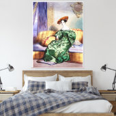 Elegante dame in groene jurk - Victoriaans kunstdr Canvas Afdruk (Insitu (Slaapkamer))