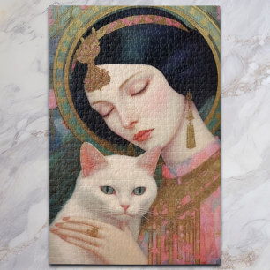 Elegante dame in roze met witte kat I Art Nouveau Legpuzzel