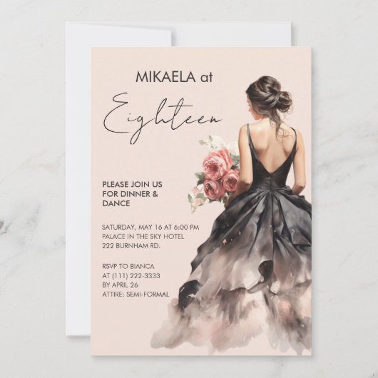 Elegante dame in zwarte jurk 18e verjaardag partij kaart (Voorkant)