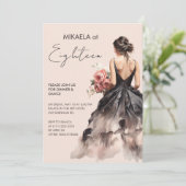 Elegante dame in zwarte jurk 18e verjaardag partij kaart (Staand voorkant)