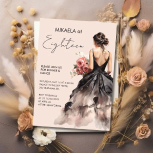 Elegante dame in zwarte jurk 18e verjaardag partij kaart