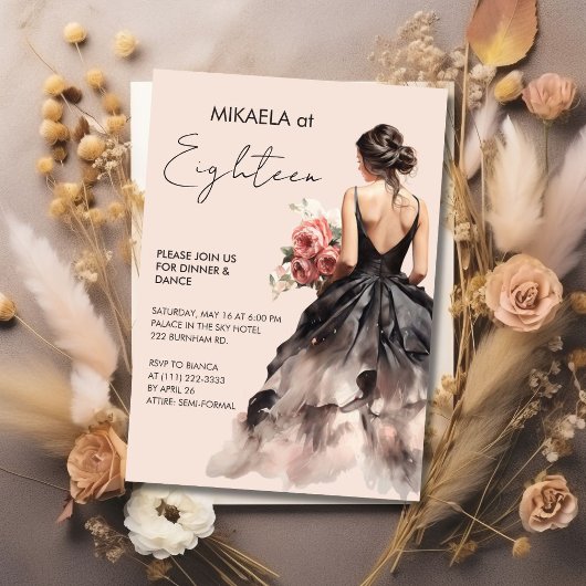 Elegante dame in zwarte jurk 18e verjaardag partij kaart
