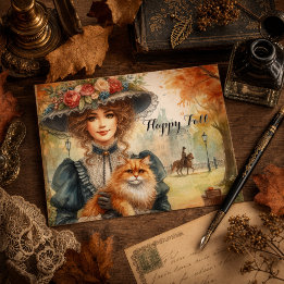 Elegante dame met kat Gelukkige herfst Briefkaart