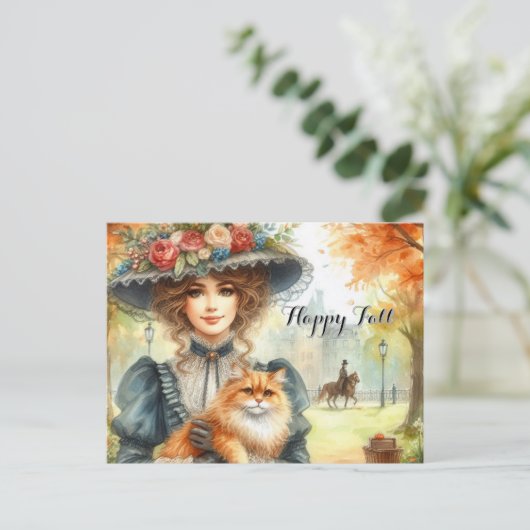 Elegante dame met kat Gelukkige herfst  Briefkaart (Staand voorkant)