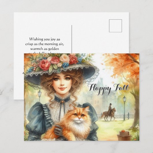 Elegante dame met kat Gelukkige herfst  Briefkaart (Voorkant / Achterkant)