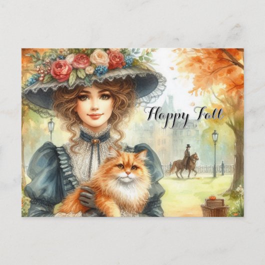 Elegante dame met kat Gelukkige herfst  Briefkaart (Voorkant)