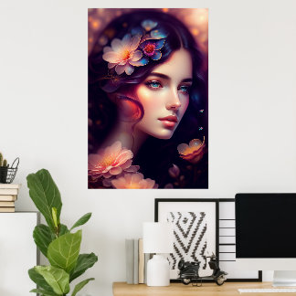 Elegante dame met oranje roze blauwe bloemen poster