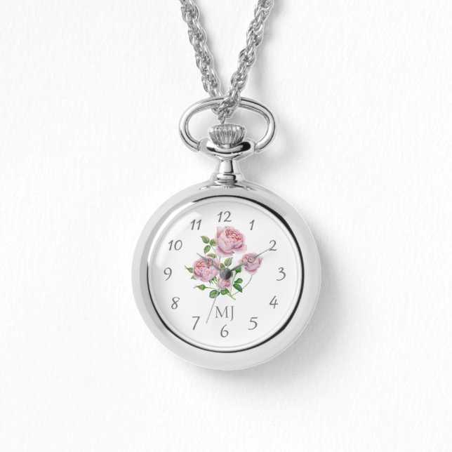 Elegante dames horloge Ketting met roze rozen (Voorkant)