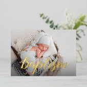 Elegante Dank Je Wel Baby Foto Doop Script Folie Uitnodiging (Staand Voorkant)