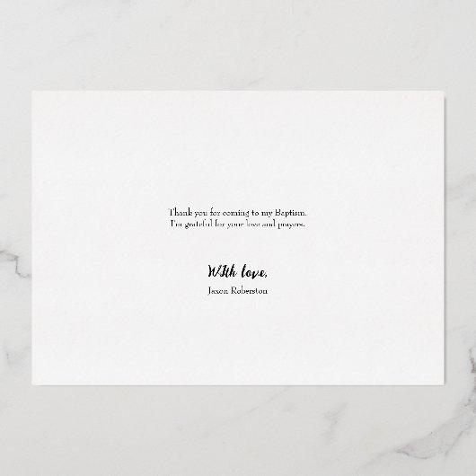 Elegante Dank Je Wel Baby Foto Doop Script Folie Uitnodiging (Achterkant)