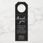 Elegante Dank Je Wel Witte Op Zwarte Trouwdag Flessenhanger (Voorkant)