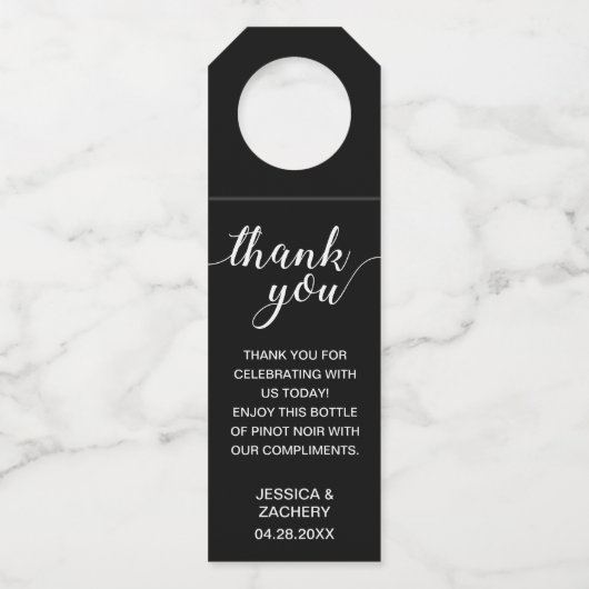 Elegante Dank Je Wel Witte Op Zwarte Trouwdag Flessenhanger (Voorkant)