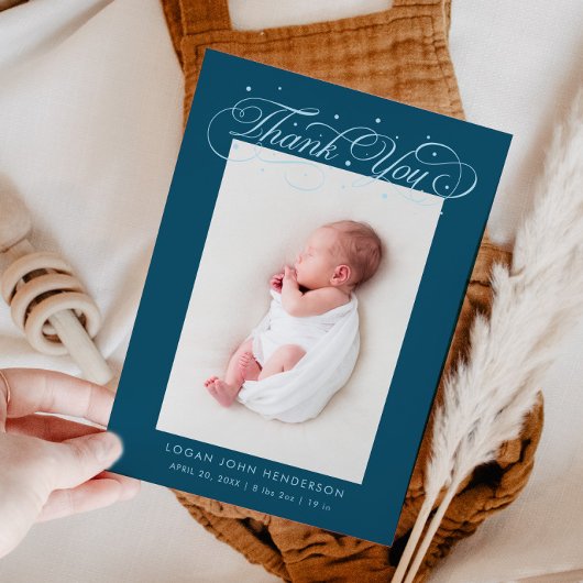 Elegante Dank U Calligrafie Turquoise Geboorte Aankondiging