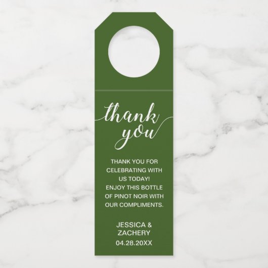 Elegante dank u wit op groene bruiloft flessenhanger (Voorkant)