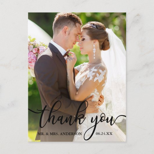 Elegante Dank U Zwarte Script Trouwfoto Briefkaart (Voorkant)