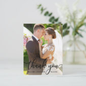 Elegante Dankjewel Zwarte Script Trouwfoto Briefkaart (Staand voorkant)