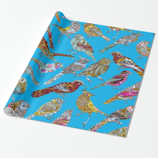 Elegante dansende vogels op blauw hemelpatroon gla cadeaupapier (Uitgerold)