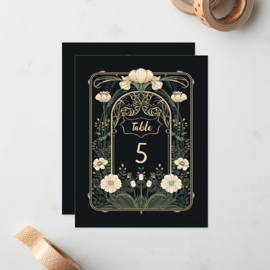 Elegante Dark Art Nouveau Bloementafel Nummer Teke Notitiekaartje (Voorkant / Achterkant in situ)